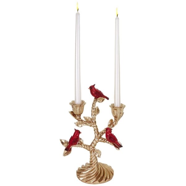 Castiçal com pássaros dourado/vermelho 30cm