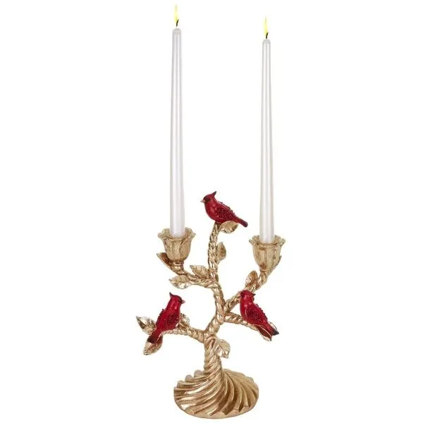 Castiçal com pássaros dourado/vermelho 30cm