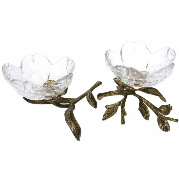 Prato flor vidro/metal dourado 24x12x8cm